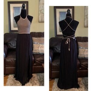 ACOA COLLECTION NWT Boho Black/Tan Crochet Strappy Maxi Dress